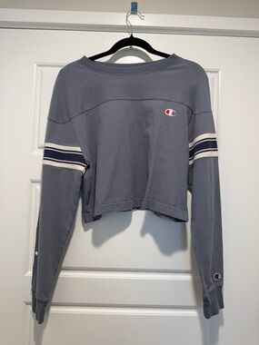 Champion Gray Cropped Crewneck Sweatshirt with White & Navy Sleeve Stripes